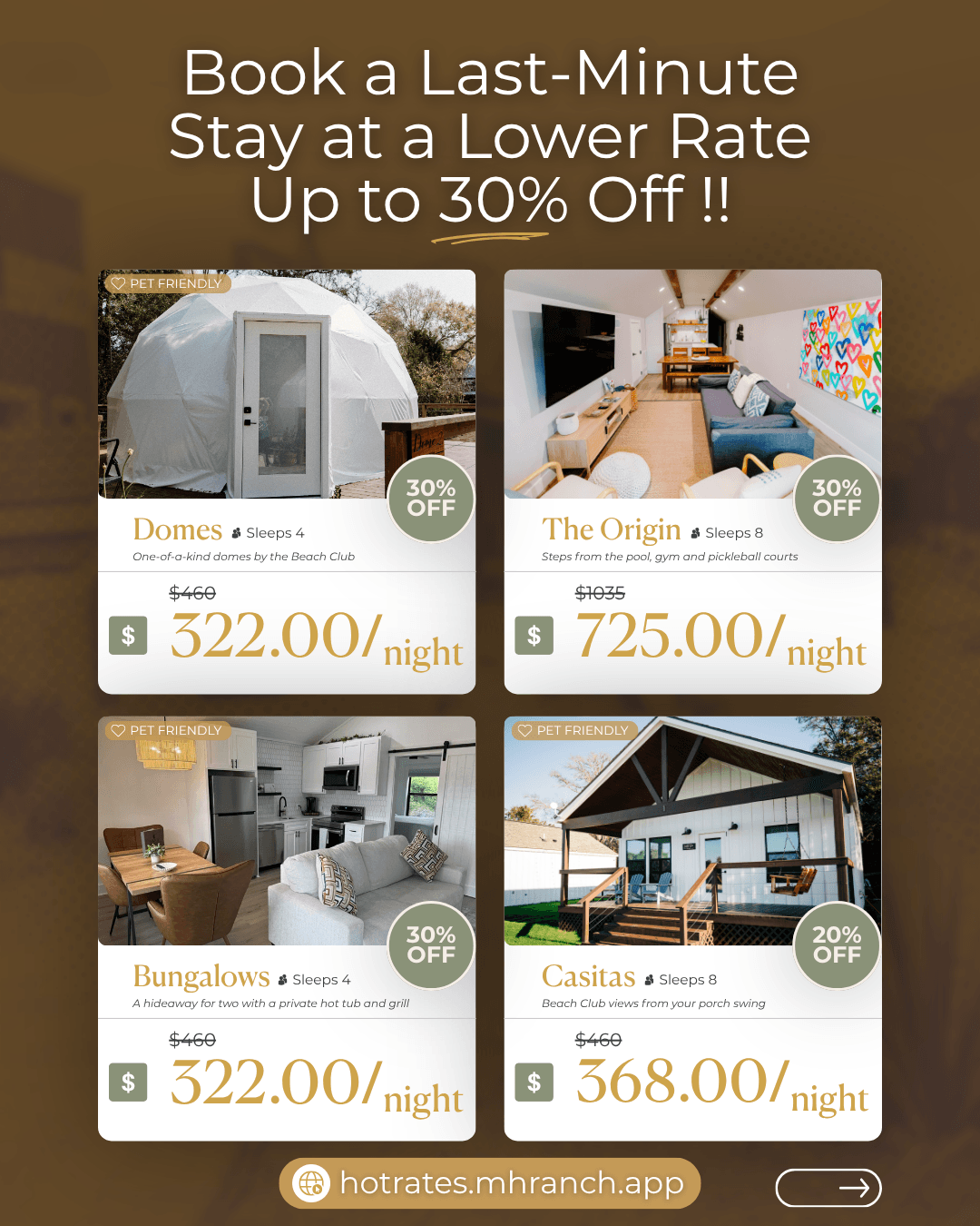 Last-minute Hot Rates at Milk & Honey Ranch: up to 30% off Domes, The Origin, Bungalows, and Casitas